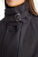 Stand-Up Collar Plaid Lined Trench Coat - Navy Blue
