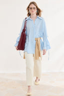 Wide Belted Shirt with Ruffled Sleeves