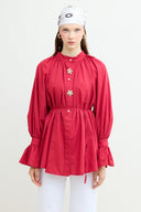 Dacron Shirt with Pearl Button Detail and Brooch