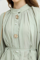 Pearl Button Detailed Brooch Dacron Shirt