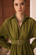 Belted Balloon-Sleeve Dress