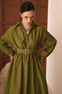Belted Balloon-Sleeve Dress