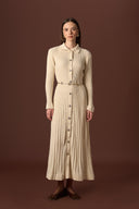 Nellie Gold Button-Detailed Belted Knit Dress