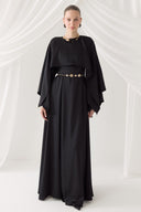 Cape-Detail Chain-Belt Evening Dress