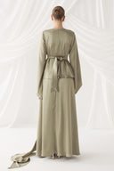Satin Evening Dress with Ruffle and Brooch Detail