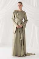 Satin Evening Dress with Ruffle and Brooch Detail