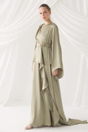 Satin Evening Dress with Ruffle and Brooch Detail