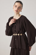 Collar-Gathered Chiffon Set