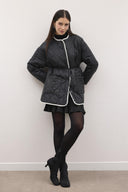 Quilted Coat with Collar Scarf and Trim Detail