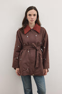 Velvet Collared Trench Coat with Rhinestones