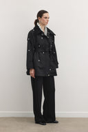 Velvet Collared Trench Coat with Rhinestones