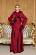 Zoey Ruched Shoulder Pad Satin Dress